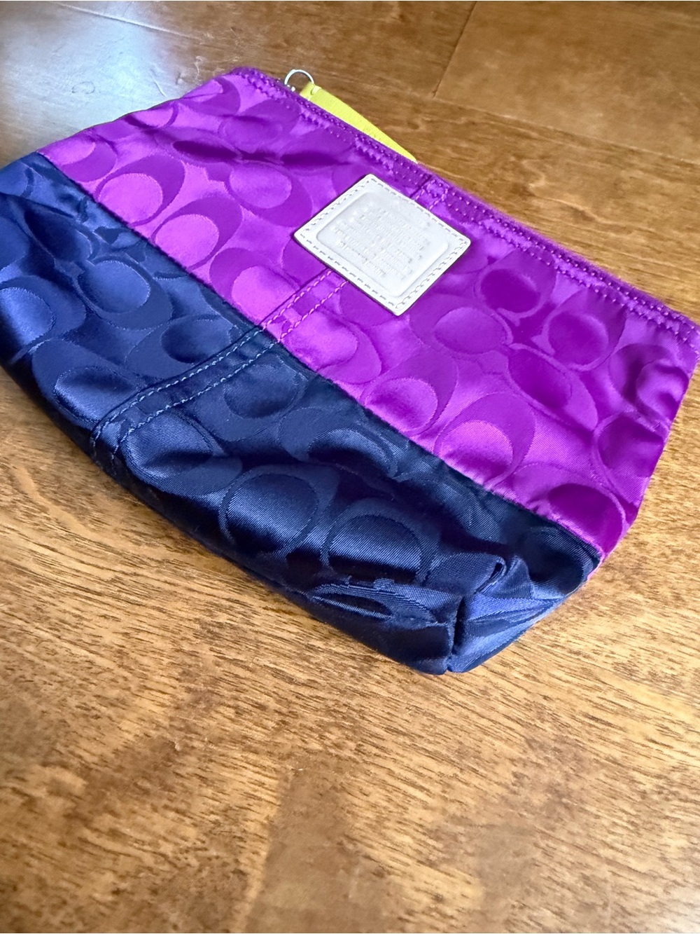 Coach Two-Tone Satin Logo Cosmetic Pouch in Purple, Navy & Neon Yellow - Picture 11 of 11